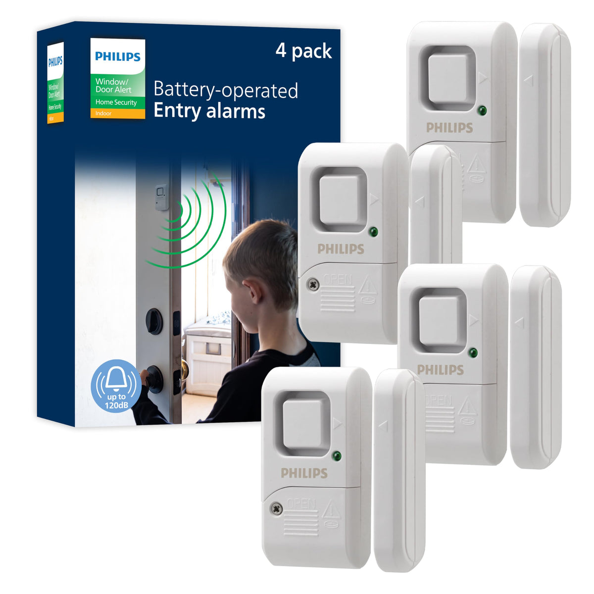 Philips Personal Security Window and Door Alarm, 4 Pack, Wireless Chime