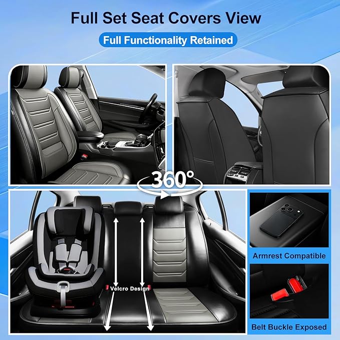 Fit CRV Car Seat Covers for Select Honda CR-V 2011-2026 - Premium Full Coverage Leather, Airbag Compatible, Waterproof & All Weather Seat Protector, Airbag Compatible, Front Pair Black+Gray