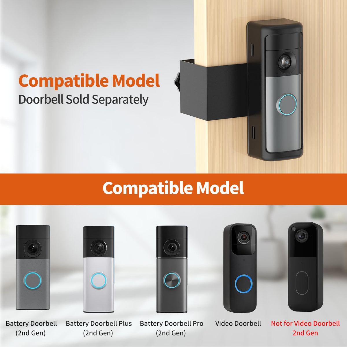No-Drill Ring/Blink Doorbell Mount with Rain Cover, Anti-Theft Door Bracket Compatible with Battery Doorbell/Plus/Pro(2026 Newest Model), Quick Install Doorbell Camera Holder for Rental Apartment