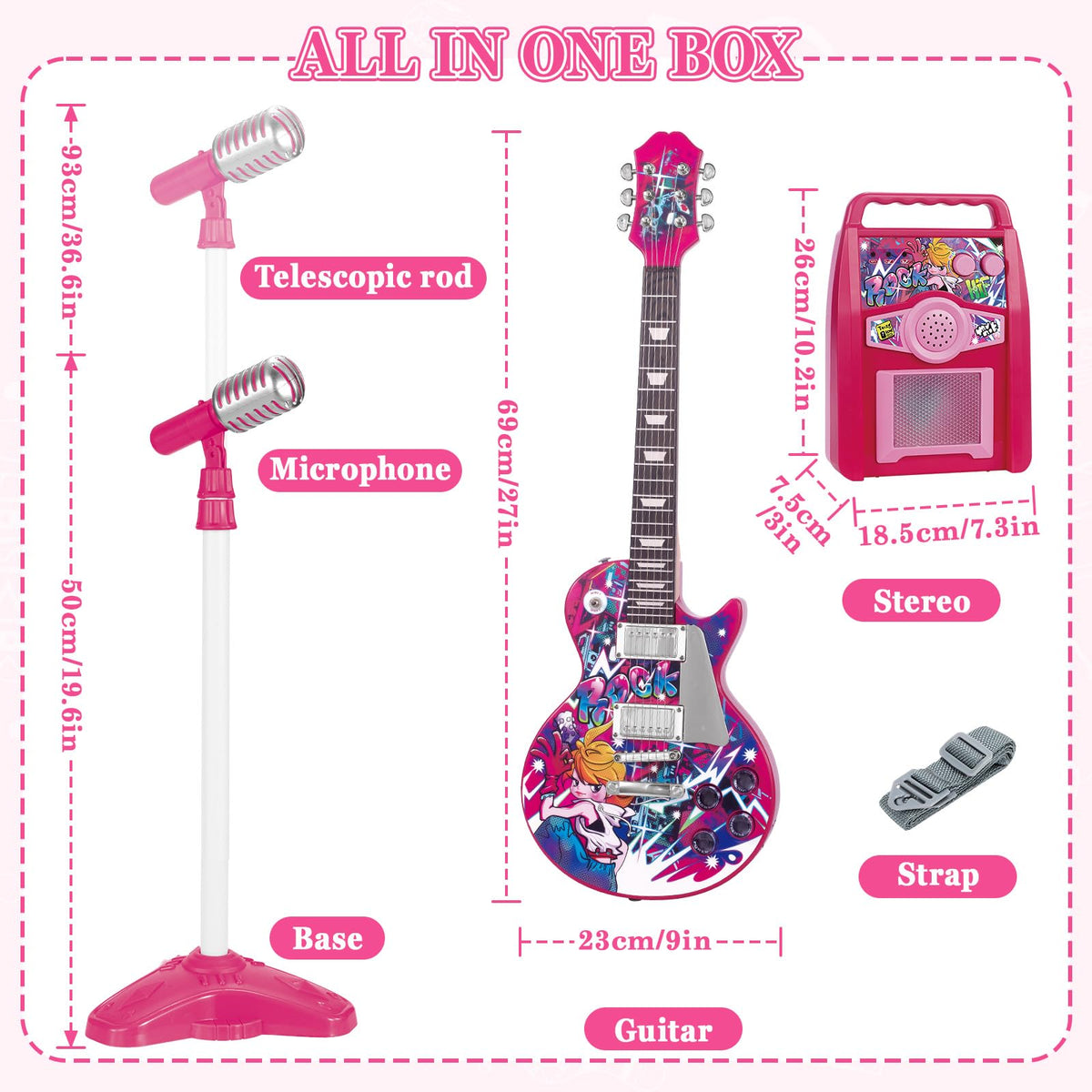 deAO Musical Guitar Play Set,Adjustable Height Microphone,Amplifier Set with Stand,Music Light Karaoke Music Toys Birthday for Kids Boys Girls