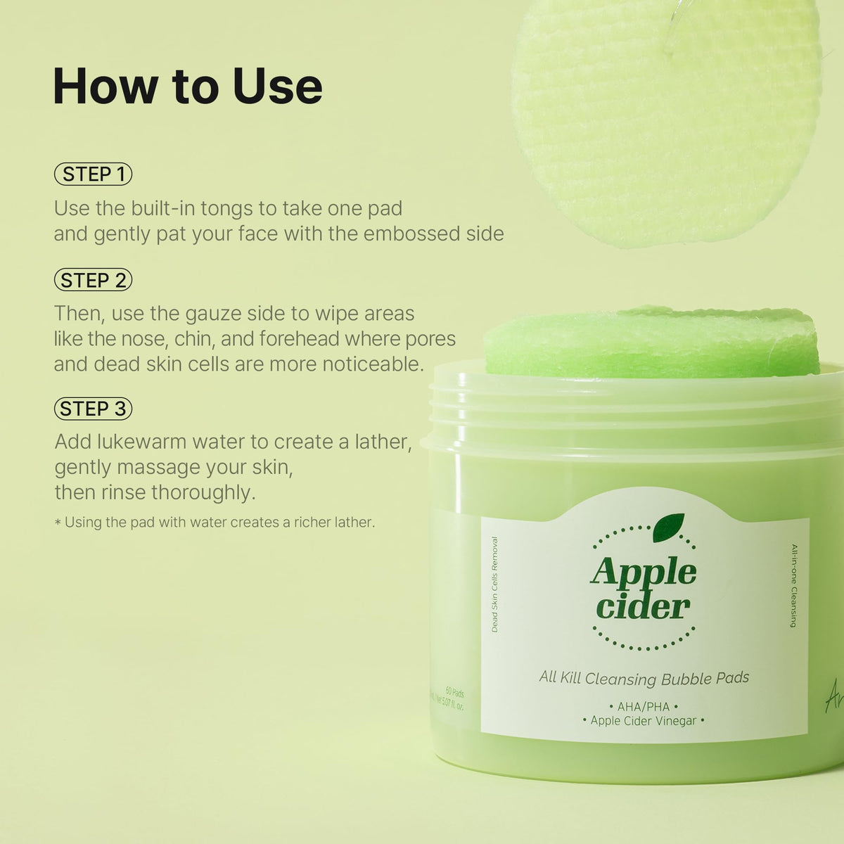 Ariul Apple Cider All Kill Cleansing Bubble Pad – Exfoliating Wipe-Off Face Cleanser, Pore & Dead Skin Care, Korean Skincare (60 Pads)