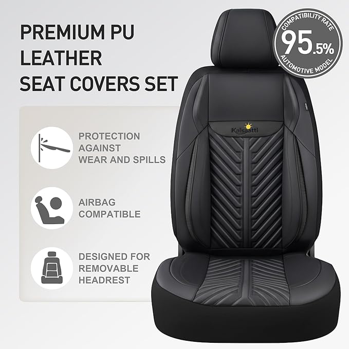 PU Leather Car Seat Covers Front Set – Waterproof seat Cover for Cars，3D Foam Support Automotive seat Covers ，Airbag Compatible, Universal Fit for Cars SUVs Trucks Sedans（Black）