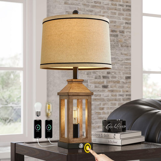 G-SAFAVA 23.75" Farmhouse Table Lamps USB A+C Charging Ports 3-Way Dimmable