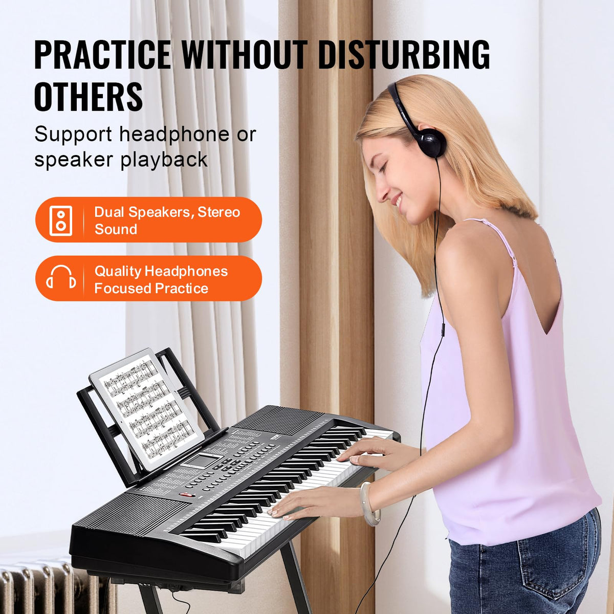 VEVOR 61 Key Digital Keyboard Piano, 200 Tones 200 Rhythms, Electric Portable Piano Keyboard Kit with 60 Demo Songs Built-In Dual Speakers Headphones, Piano Stickers for Beginners Learning