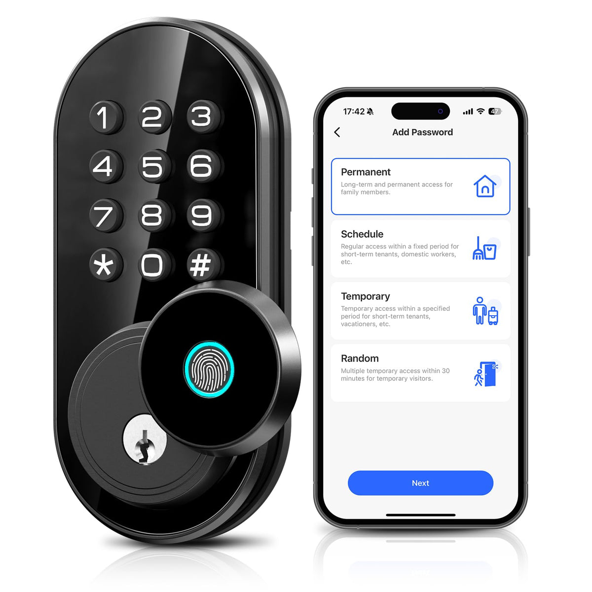 TEEHO TE342 Fingerprint Smart Keyless Entry Door Lock with Keypad, Bluetooth App Remote Control - Electronic Deadbolt for Front Door - Auto Lock - Matte Black