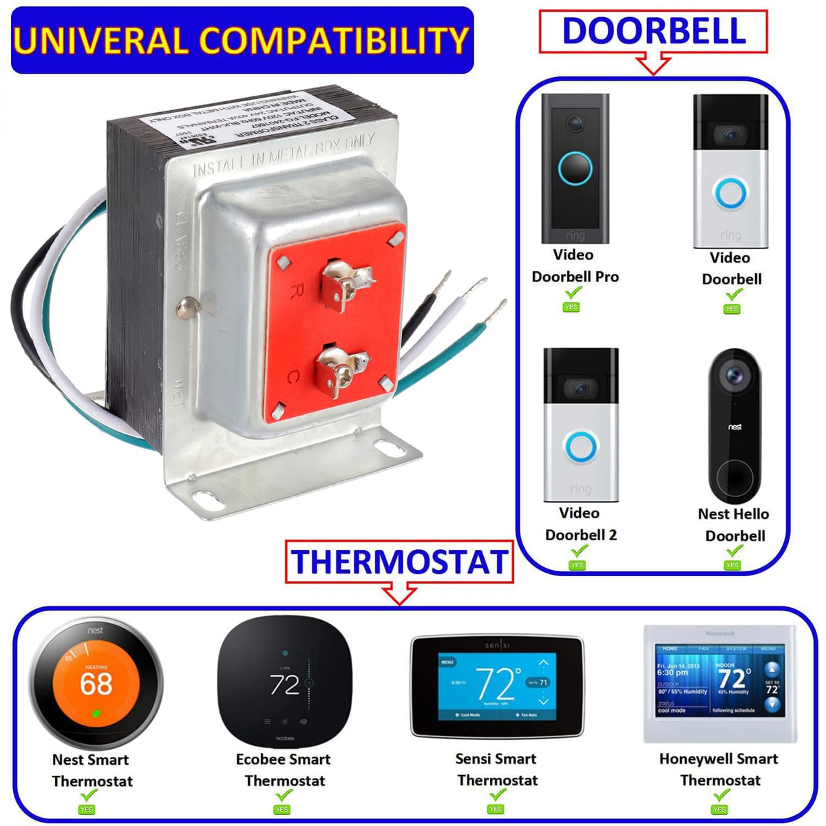 BOJACK 24V 40VA Thermostat and Doorbell Transformer, Power Supply Compatible with Nest, Ecobee, Sensi and Honeywell Thermostat, Nest Hello Doorbell and All Versions of Ring Doorbell