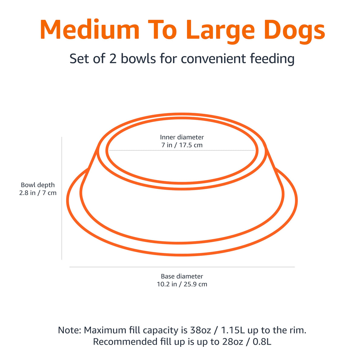 Amazon Basics Stainless Steel Non-Skid Dog Water And Food Bowls, Dishwasher Safe, Rust Resistant, 38oz Capacity, 10 x 2.8 Inches, 2-Pack