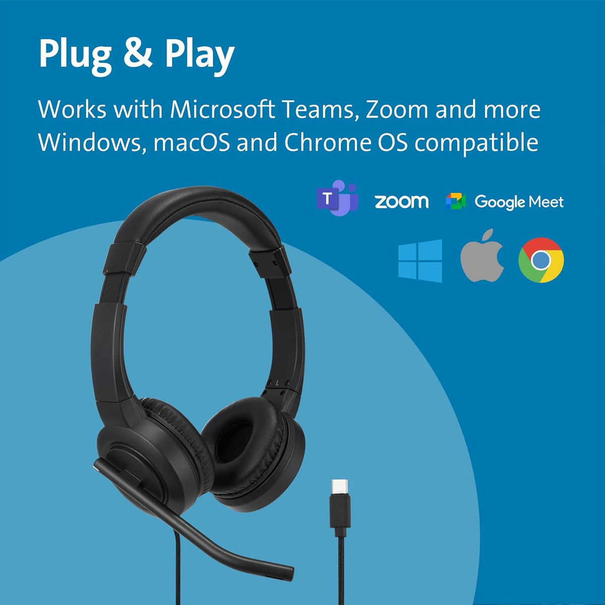 Kensington H1000 USB-C On-Ear Headset, 270° Rotating Noise-Canceling Microphone, Quick Buttons for Volume, Play/Pause, Mute, and Busy, PC/Mac/Laptop - Black (K83450WW)