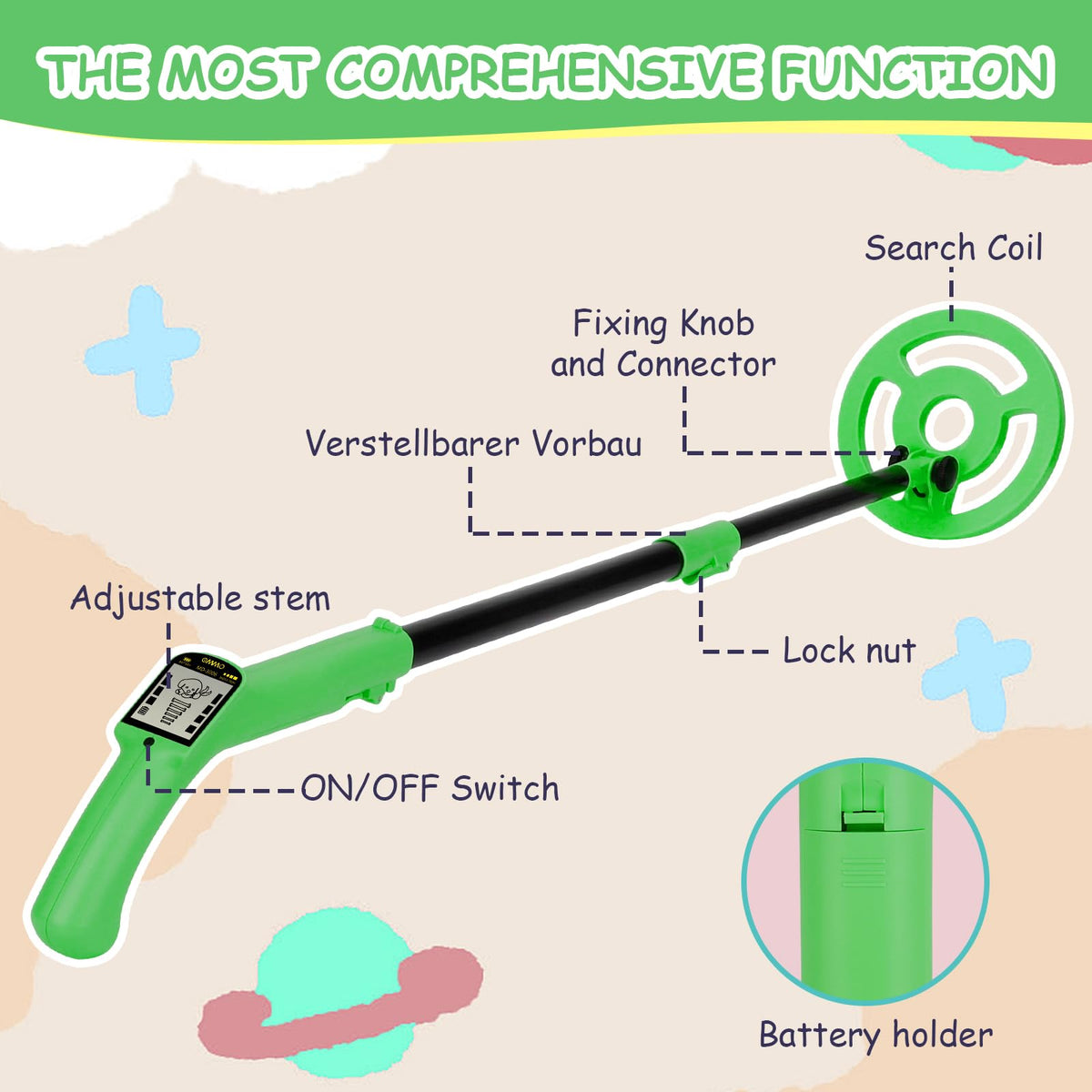 OMMO Kids Metal Detector, Adjustable 27.5"-37.8" with LCD Display (Green)