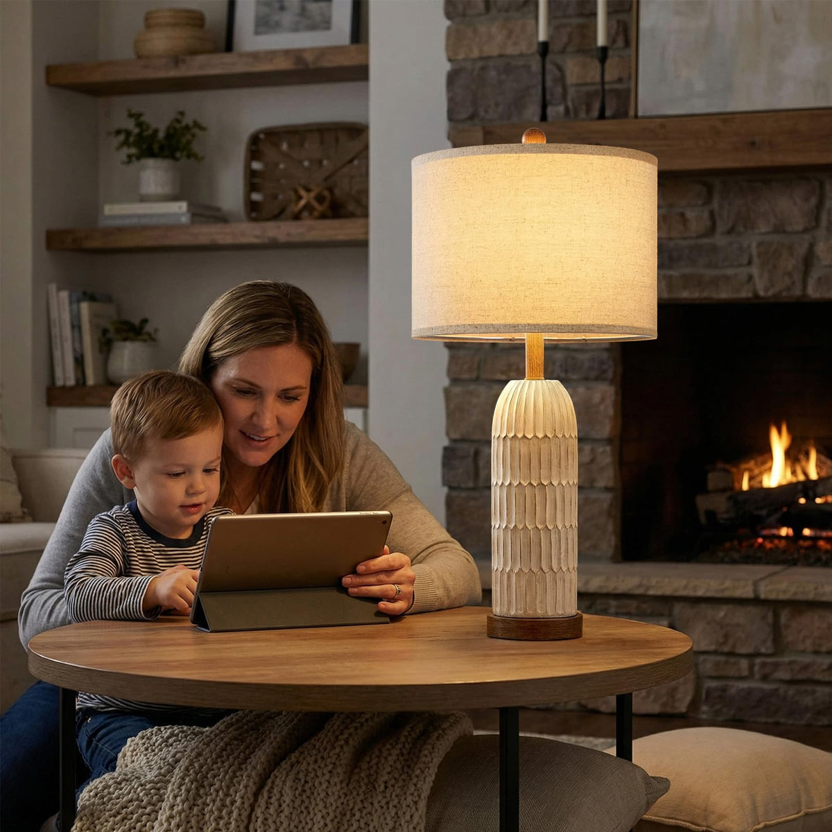 OYEARS 26.5" Bedside Table Lamps Set of 2, Farmhouse Table Lamp with USB A+C Charging Ports,Vintage Nightstand Lamp for Bedrooms and Living Rooms, Retro Resin End Table Lamp with Linen Shade, Brown