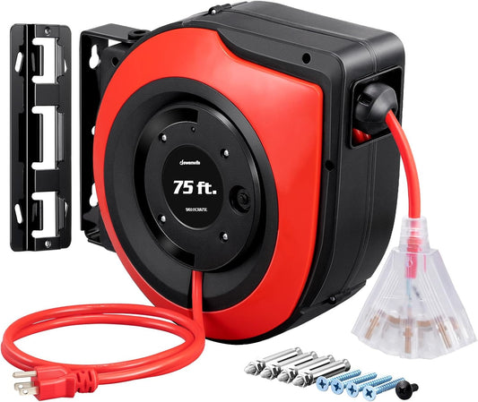 DEWENWILS Retractable Extension Cord Reel, 75 FT Heavy Duty Power Cord, 14/3C SJTOW Retractable Cord Reel, Lighted Triple Outlets, 10A Circuit Breaker, Wall/Ceiling Mount, UL Listed, Red