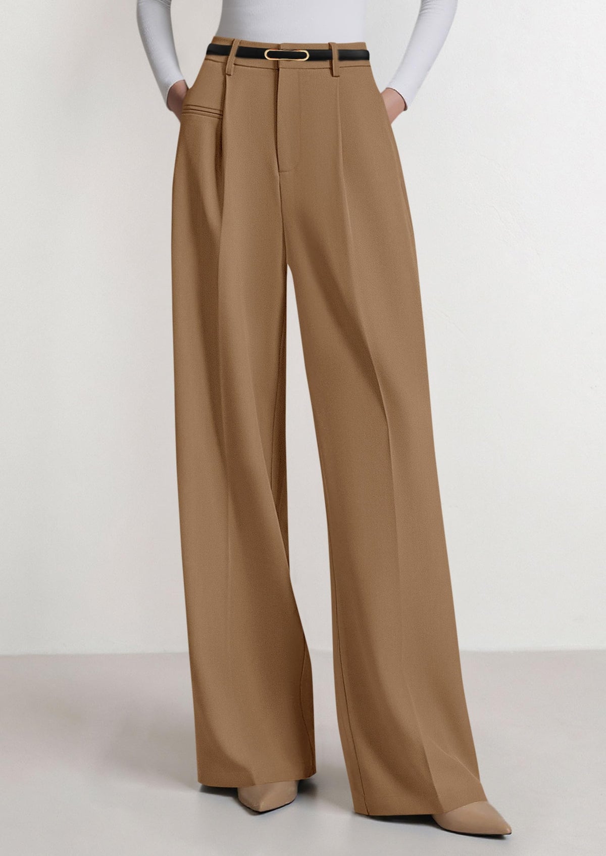 PRETTYGARDEN Women's Tailored Wide Leg Work Dress Pants,Khaki,L