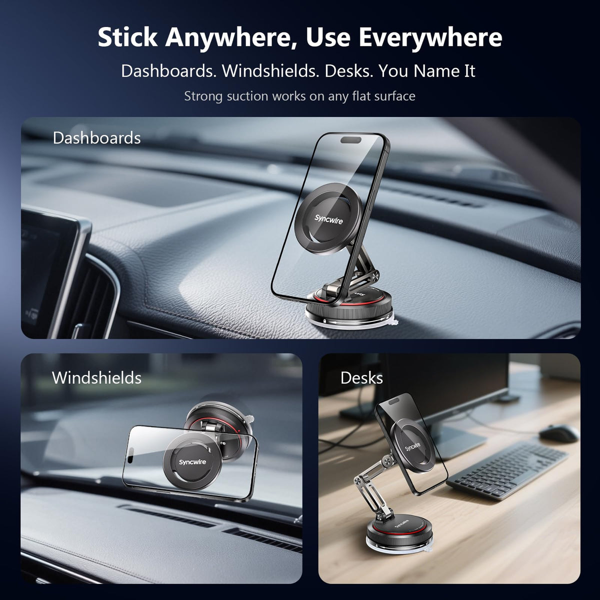 SYNCWIRE for MagSafe Car Mount [3-Axis] Nano Adhesive Gel + Strong Suction Cup Magnetic Phone Holder for Dashboard & Windshield, 360° Adjustable for iPhone 17 16 15 14 13 12, Samsung, Matte Black