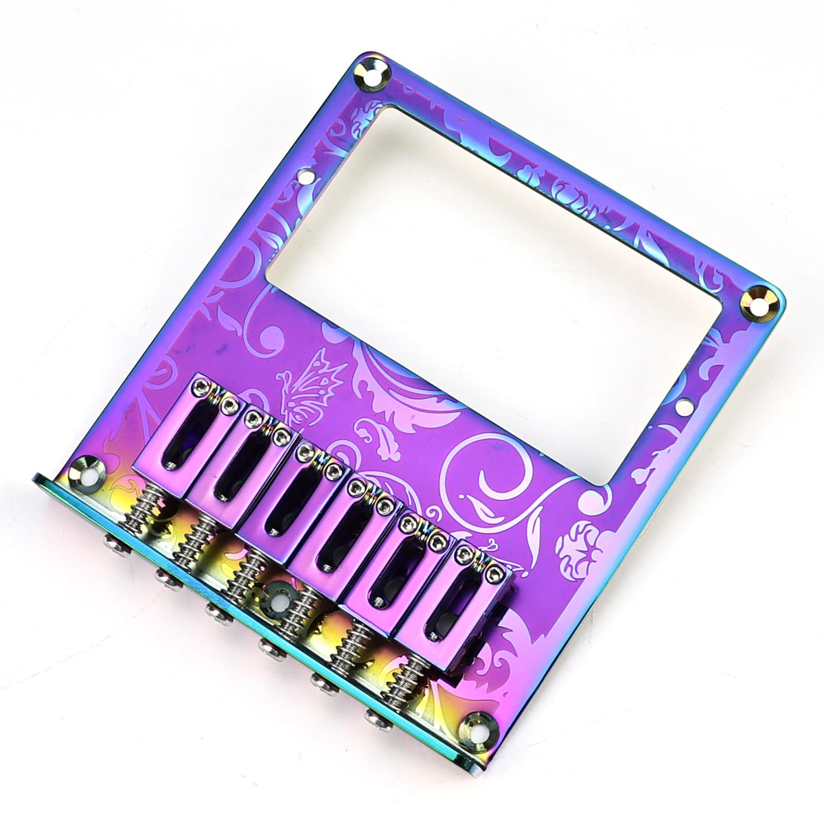 OVSAL 10.5mm Engraved Stainless Steel Fixed Electric Guitar Bridge Humbucker Pickup Hole 6-string Guitar hardtail Bridge for Telecaster Tele TL Style Electric Guitar Replacement Parts (Purple)