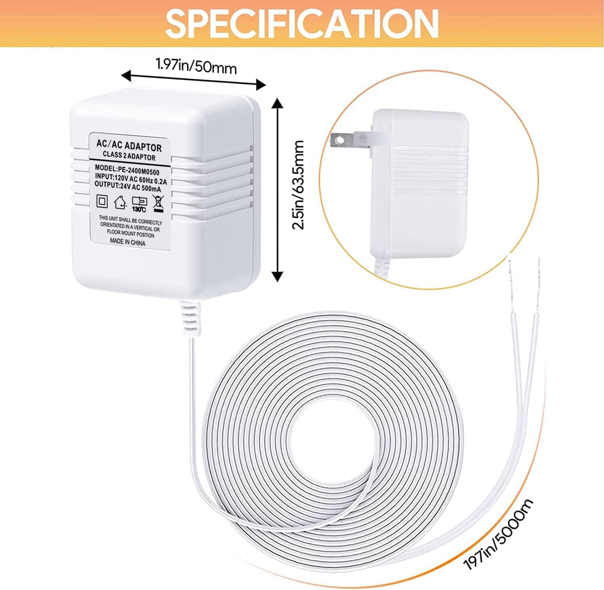 Doorbell Transformer 24V Adapter for Ring Video Doorbell, 16.4ft Long C Wire Power Supply, Compatible with Ring, Nest Hello, Wyze and Eufy Video Doorbells
