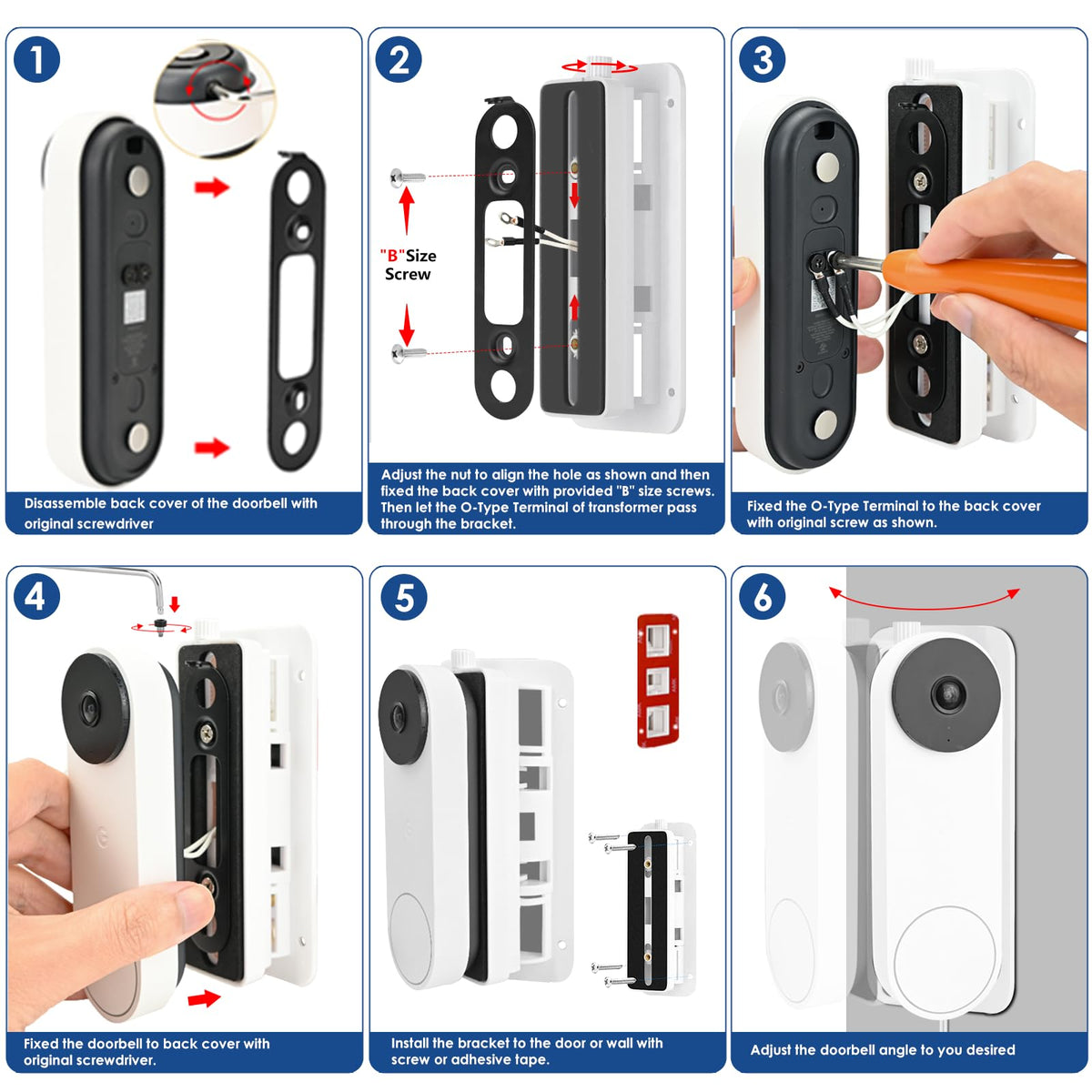 No Drill Doorbell Mount for Google Nest Doorbell Wired(3rd/2nd Gen)/Google Nest Hello Doorbell, 45° Left & Right Adjustment Angel Door Bell Wedge Mount for Apartment, No Drill Mounting Bracket-White