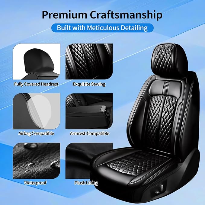 Fit Civic Car Seat Covers (Front Pair) for Select Honda Civic 2020-2026 Sedan(Not for Coupe) - Full Coverage Leather, Waterproof & All Weather Breathable Seat Cushion Protector, Black