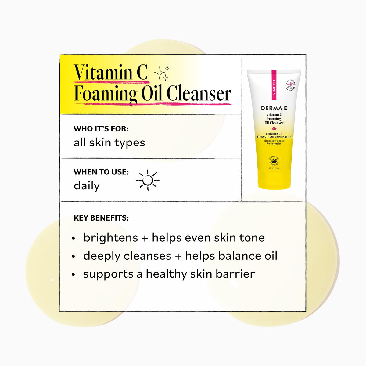 Derma E Vitamin C Foaming Oil Cleanser, 6 Fl Oz Face Wash with Niacinimide