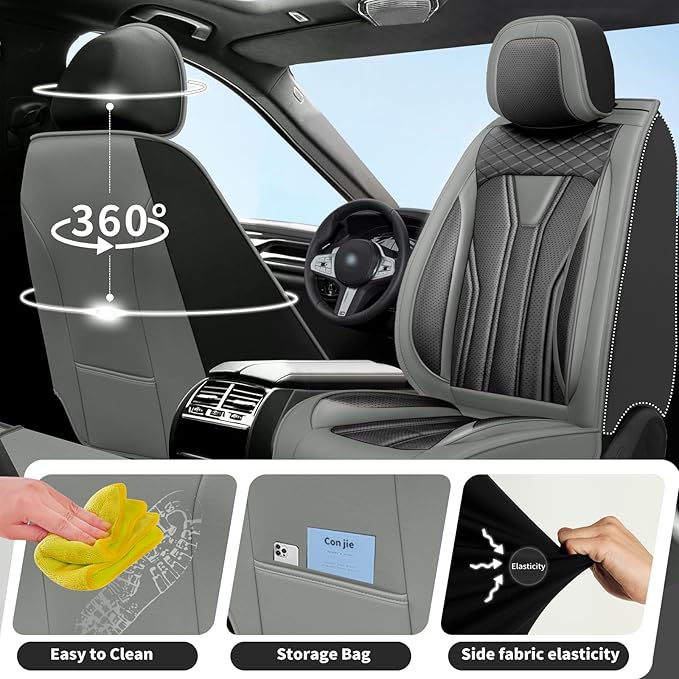 Fit Frontier Car Seat Covers Premium Leather for Nissan Frontier 2009-2025 2026. Waterproof， Breathable, Scratch-Resistant & All-Weather Seat Cushion Protector（Full Set,Gray&Black