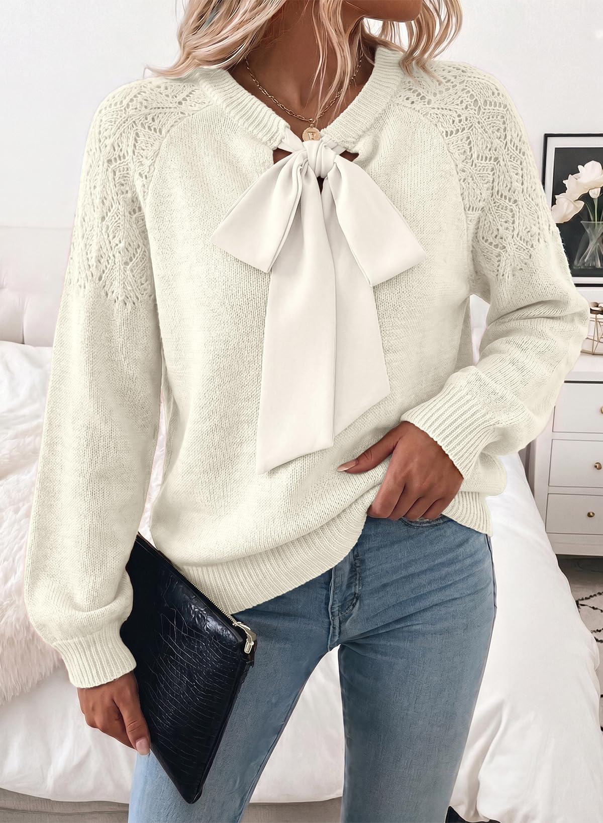 Dokotoo Womens Long Sleeve Crewneck Dressy Casual Sweater, White, Small