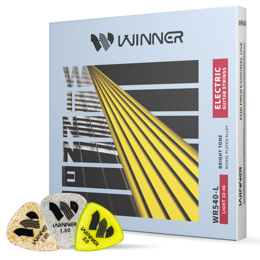 W WINNER Electric Guitar Strings – 10-46 Nickel Plated Alloy, Warm & Balanced Tone with Smooth Traditional Feel, Hexagonal Steel Core, Reliable Anti-Rust Performance for All Music Styles, 3 Picks