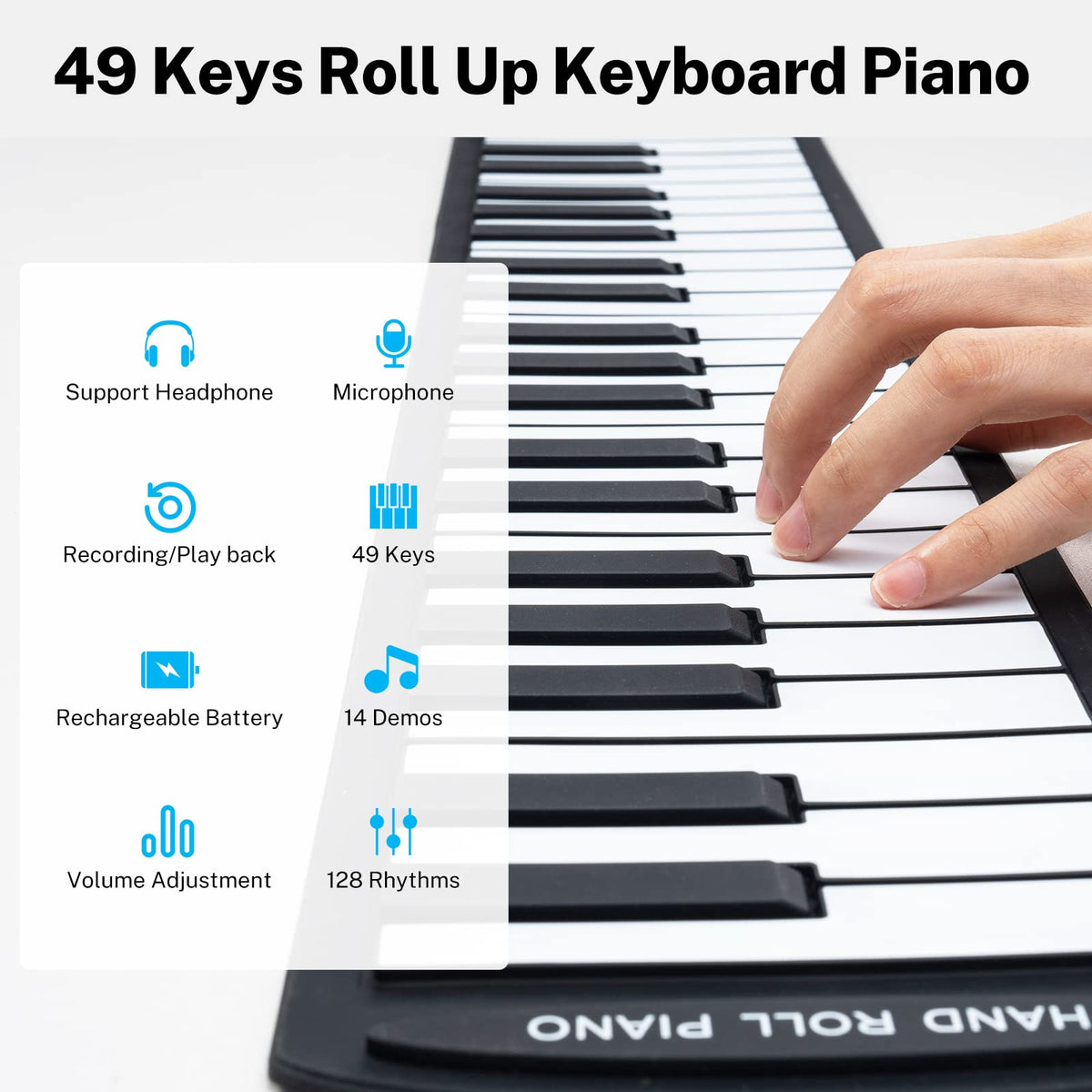 POGOLAB 49 Key Roll Up Keyboard Piano, Portable Digital Electric Foldable Piano Keyboard, Rechargeable, 47 Tones, 14 Educational Demo Songs, for Beginners Gift (Black & White)