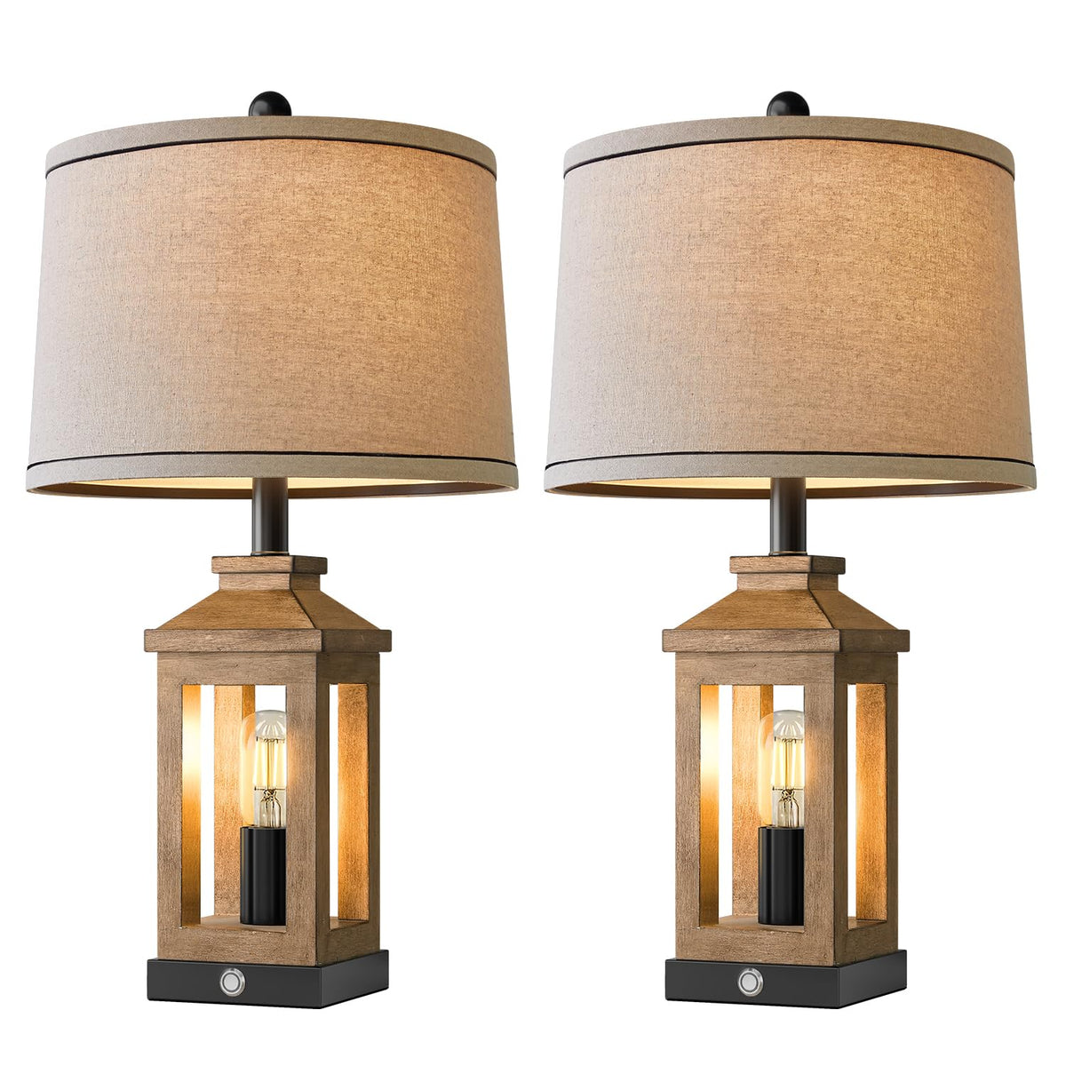 BOBOMOMO 23.75" Natural Wood Farmhouse Table Lamps Set of 2 – Retro Nightstand Lamps with 3 Way Dimmable Touch Control Night Light & USB A+C Ports, Rustic Lamps for Living Room, Bedroom, Entryway