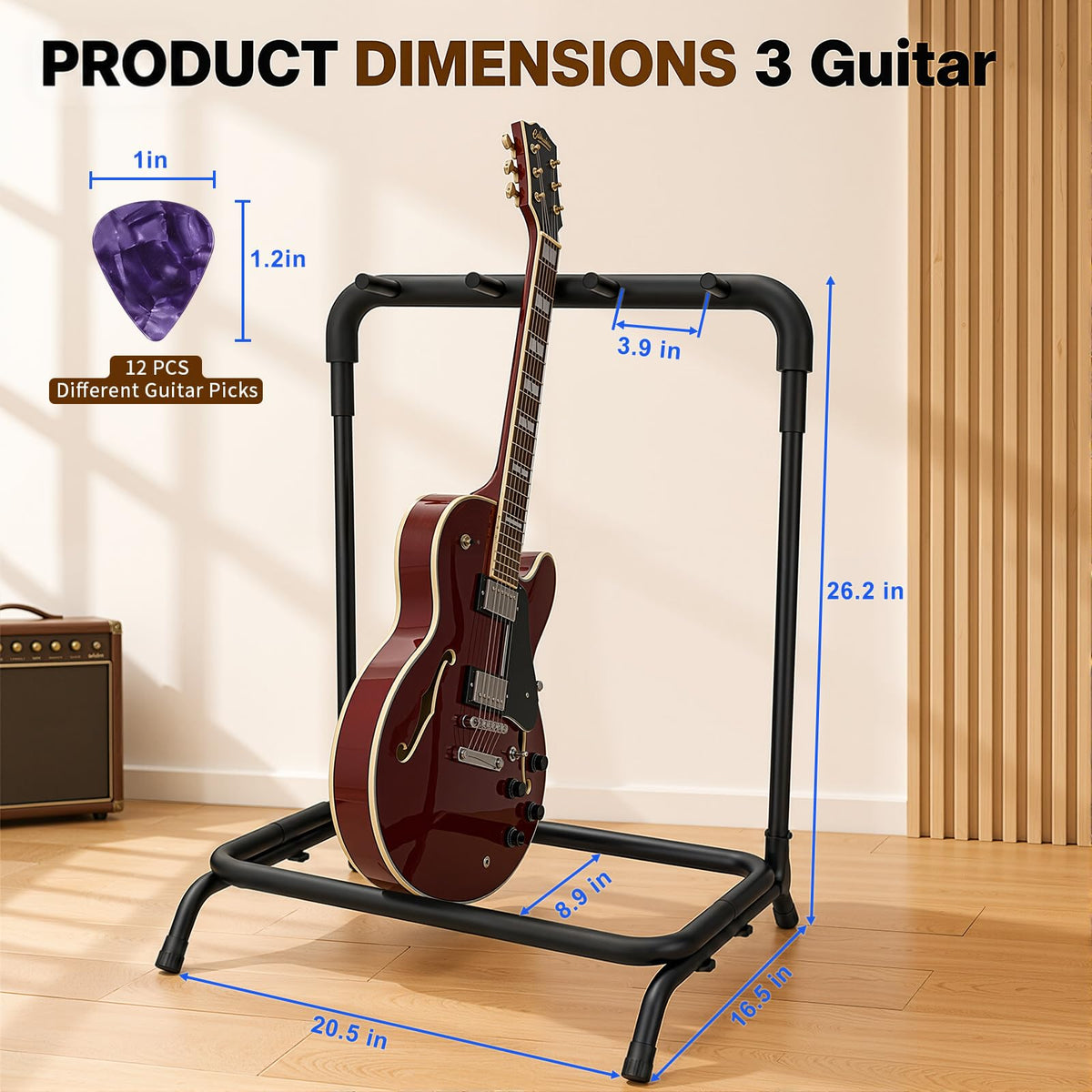 Tipatyard 3 Multi Guitar Stand Rack with 12 Guitar Picks - Foldable Multi Guitar Rack with Guitar Picks in 4 Thicknesses - Universal Guitar Holder for 5 Guitars - Ideal for Acoustic Guitar, Electric Guitar, Bass