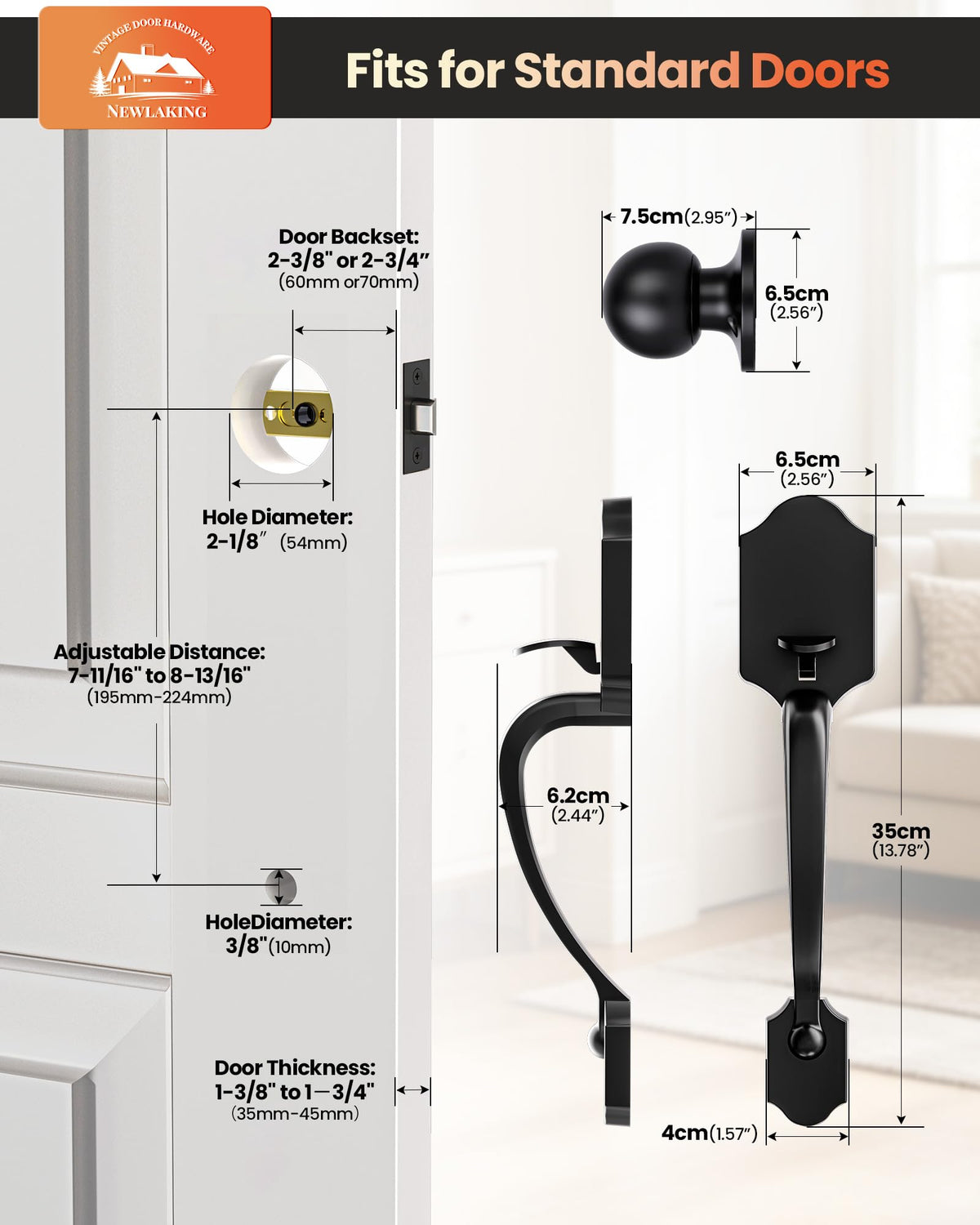 Front Door Handle with Reversible Knob Handle, Matte Black, Zinc Alloy