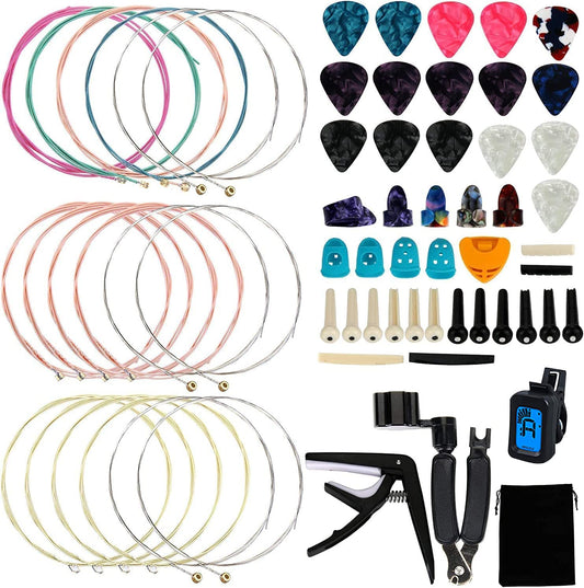 Augshy 65 Pcs Guitar Repair Kit Including Strings, Picks, Capo, String Winder&Cutter, Tuner, Storage Bag for Beginner