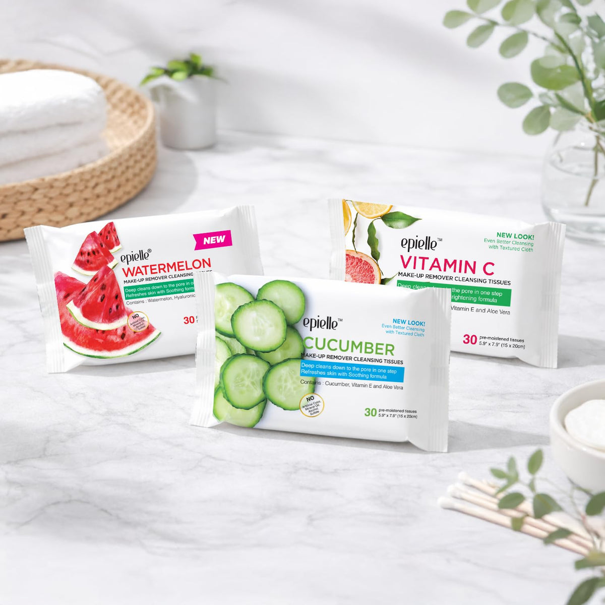 Epielle Makeup Remover Wipes, Remove Dirt, Oil, Waterproof Mascara, Gentle Daily Facial Cleanser Towelettes with Vitamin C, Watermelon & Cucumber, Hypoallergenic & Alcohol-Free, 30 Count (Pack of 6)