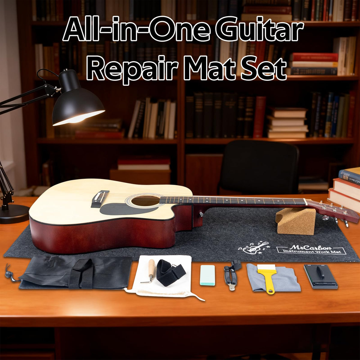 Guitar Repair Mat Kit with Neck Rest, Felt Work Mat, String Winder, Fret Polishing Tools, Cleaning Accessories and Storage Bags – Complete Maintenance Set for Acoustic & Electric Guitars