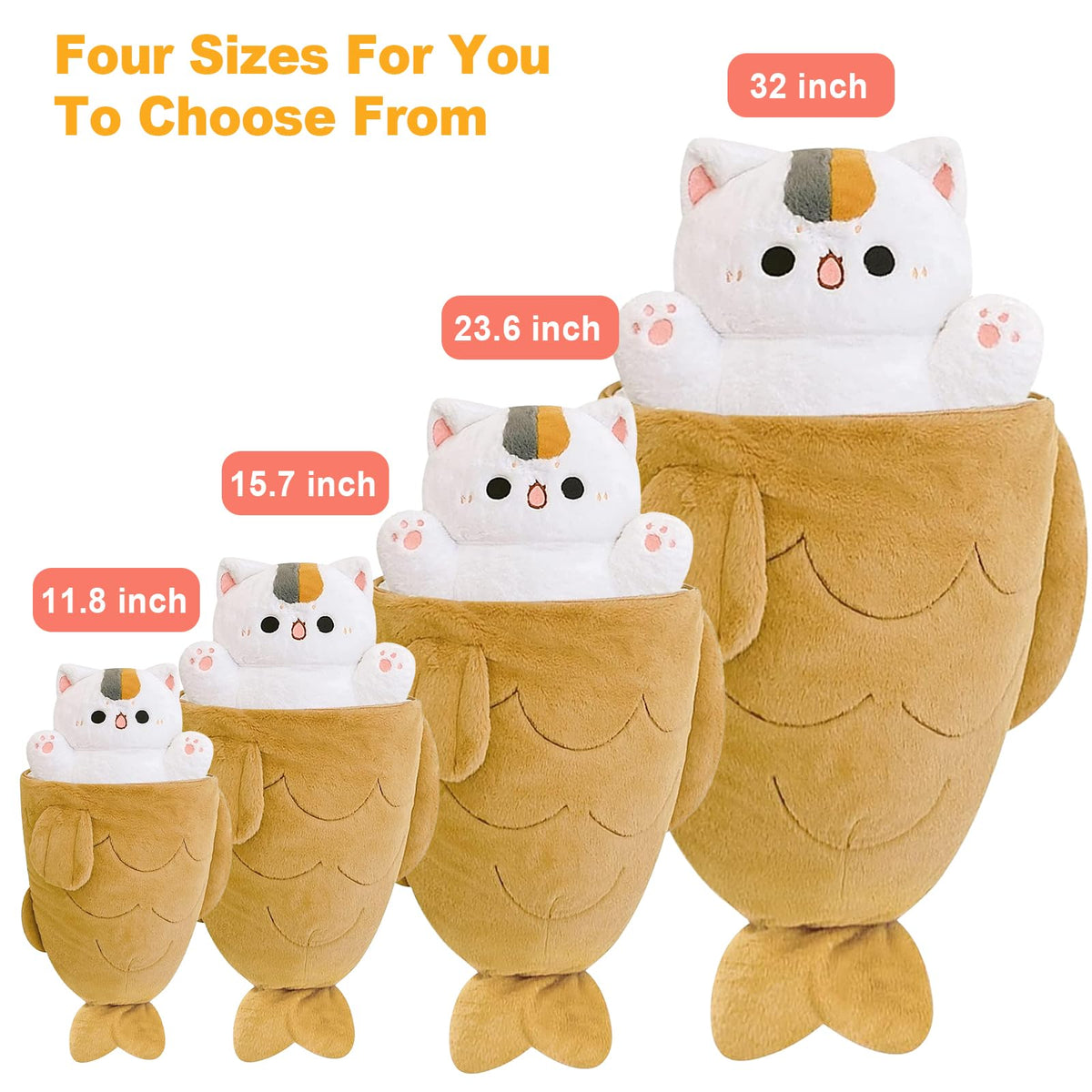 Ditucu 23.6 inch Taiyaki Cat Plush Pillow Cute Kitten Inside Fish 2 in 1 Soft Stuffed Animal Plushies Toys with Outfit Sleeping Doll Gifts for Girls Boys