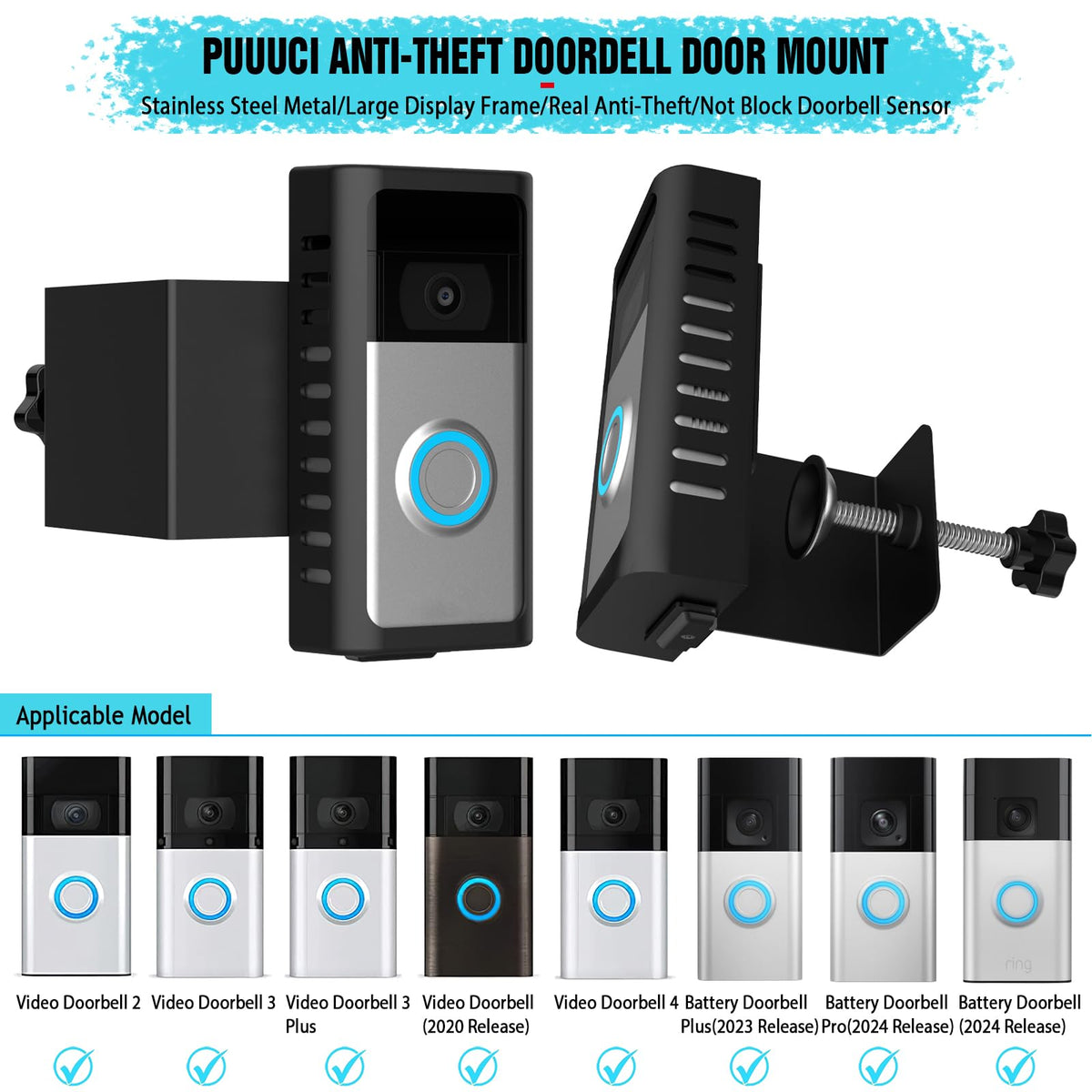 PUUUCI Anti-Theft Doorbell Door Mount for Battery Video Doorbell 2/3/4/(2020 Release)/(2024 Release)/Plus/Pro, No-Drill Steel Metal Doorbell Mounting Bracket Accessories for Apartment, Home, Business