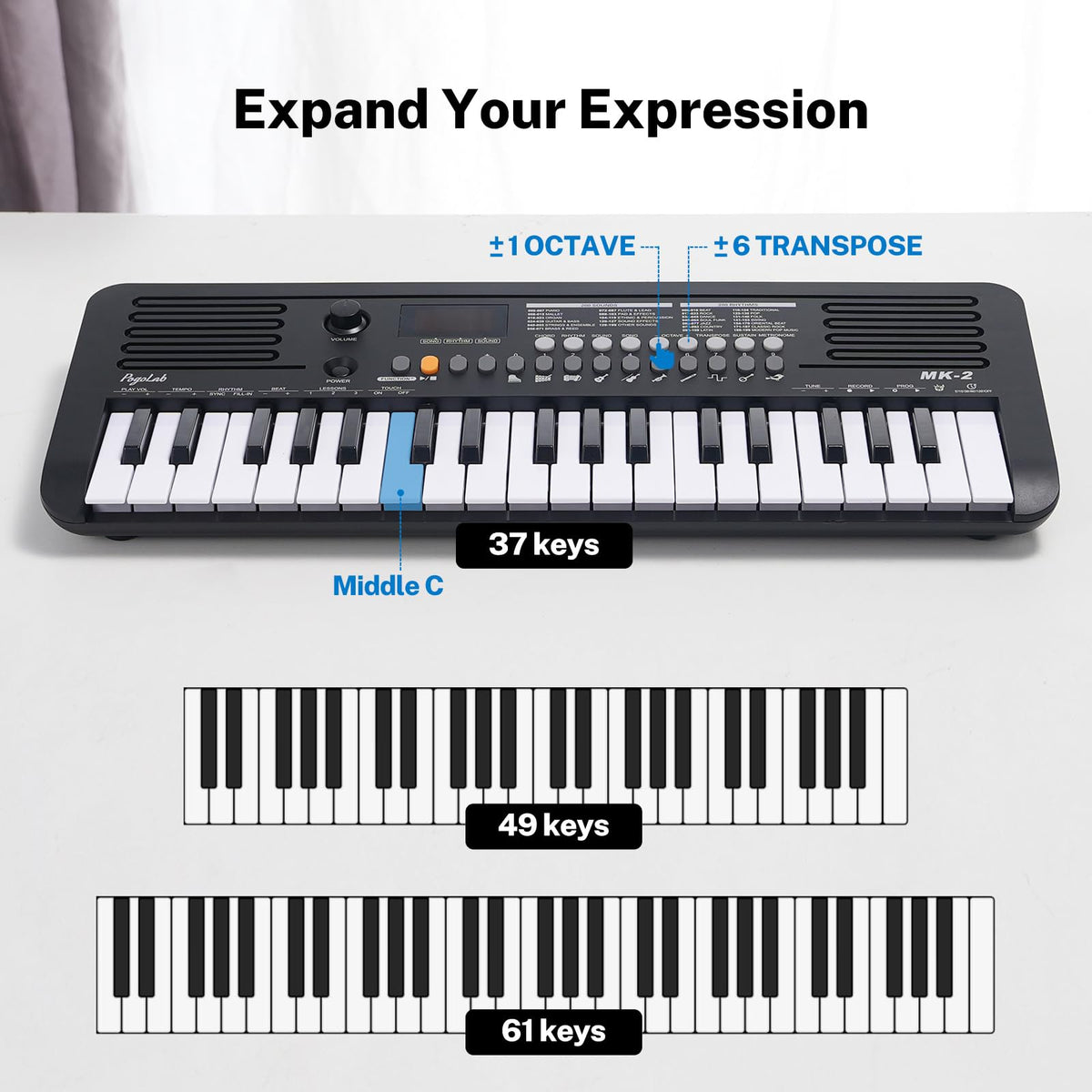 POGOLAB MK-2 37 Keys Kids Keyboard Piano, Portable Small Keyboard with 40 Songs, 200 Sounds, with MIDI Function, LED Display & Dual Speakers, Compact Mini Music Piano for Kids/Beginners (Black)