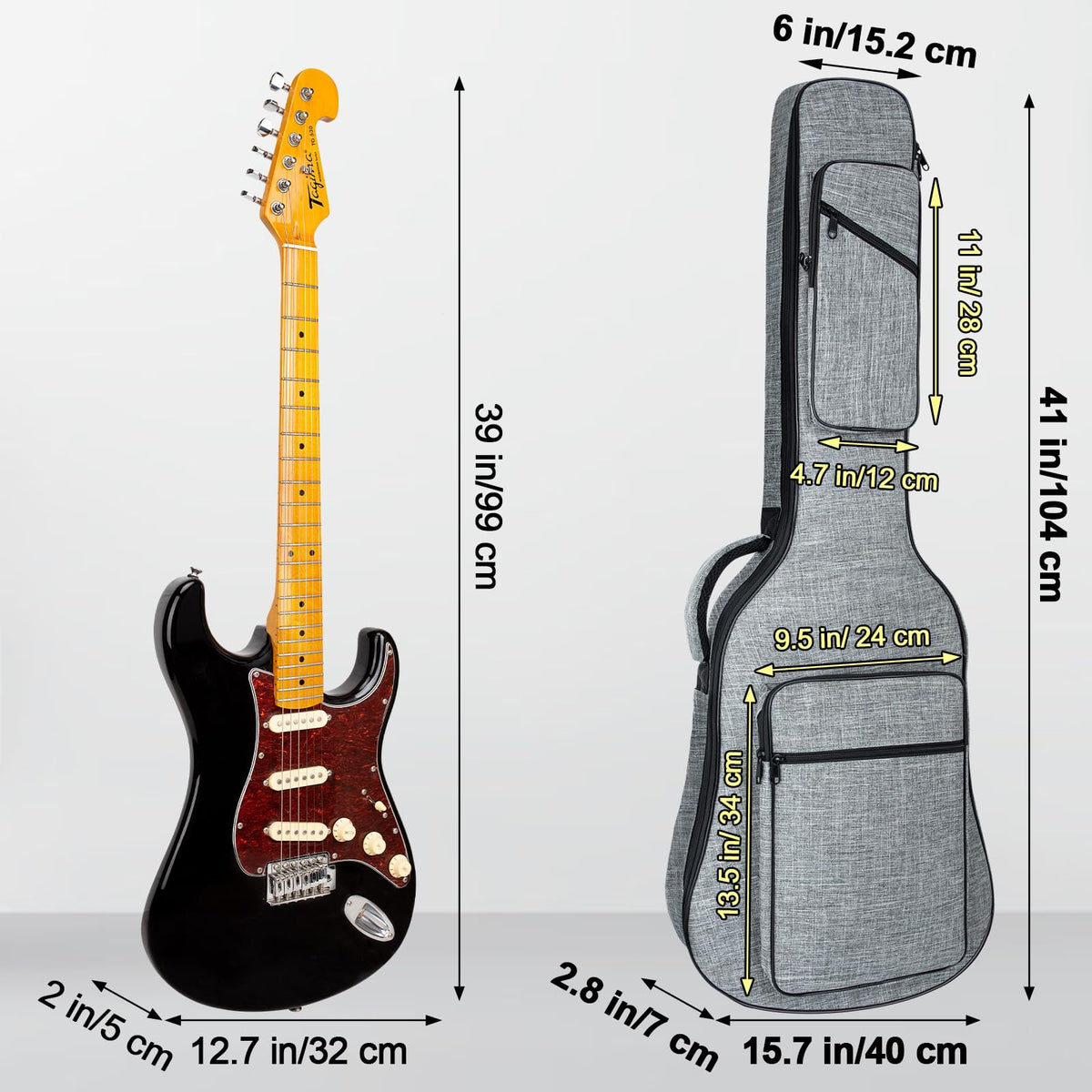 Muscab 39 Inch Electric Guitar Bag 11mm Padding Waterproof Electric Guitar Case, Electric Guitar Gig Bag Backpack with Neck Strap and Pockets, Grey
