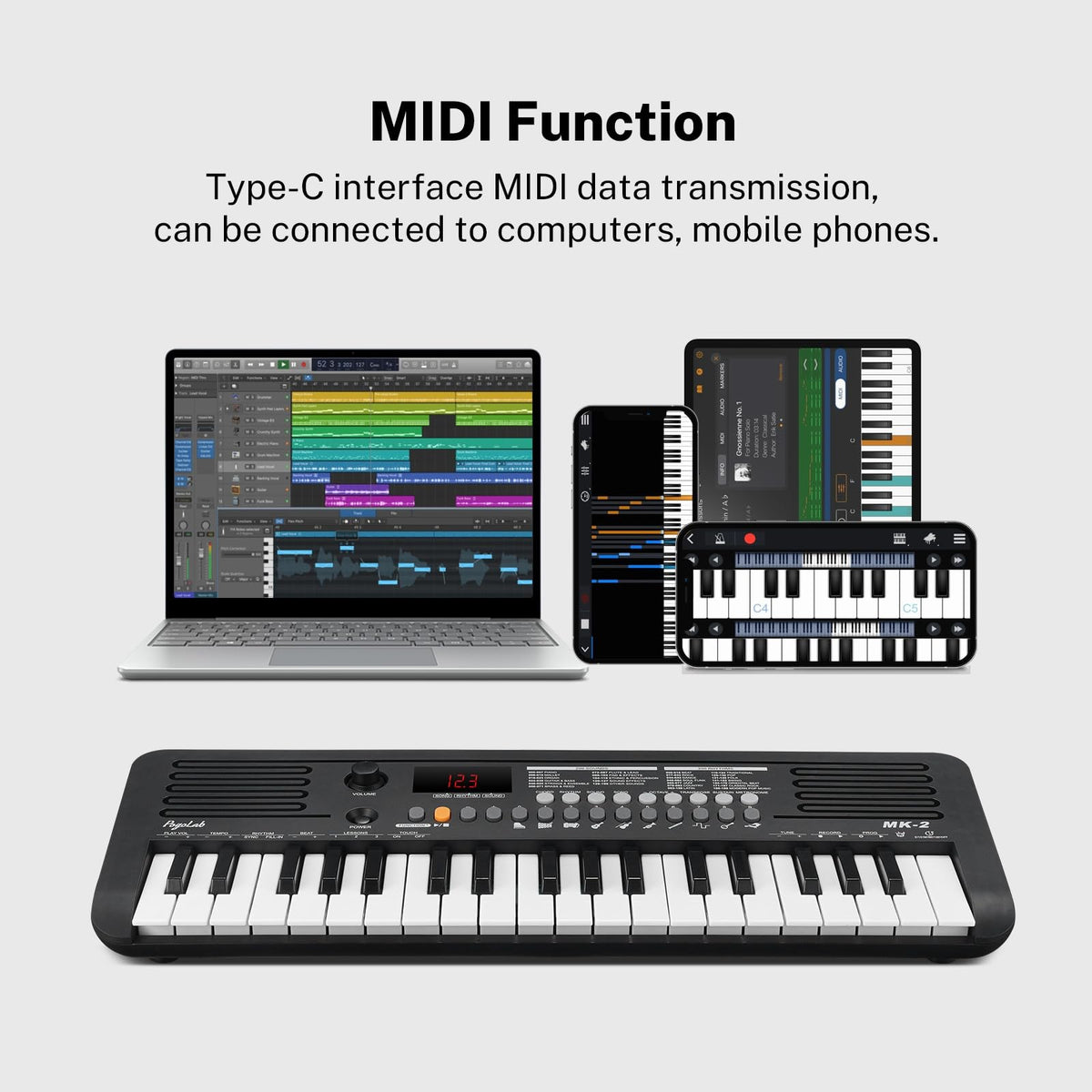 POGOLAB MK-2 37 Keys Kids Keyboard Piano, Portable Small Keyboard with 40 Songs, 200 Sounds, with MIDI Function, LED Display & Dual Speakers, Compact Mini Music Piano for Kids/Beginners (Black)