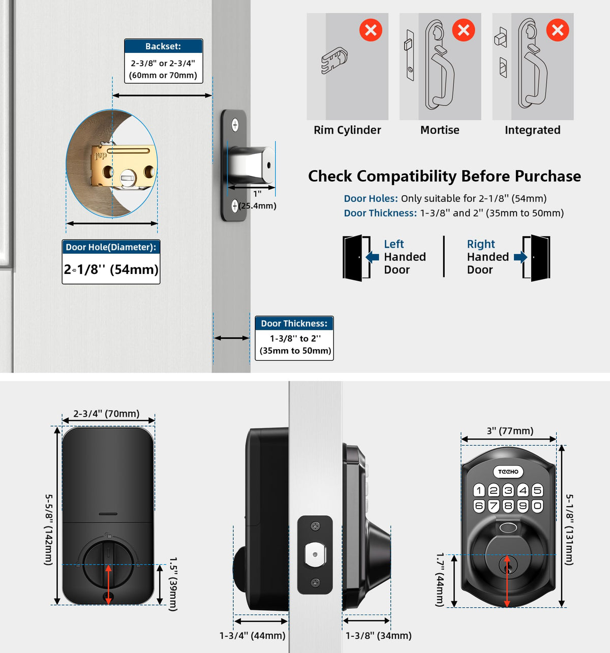 TEEHO TE002 Fingerprint Deadbolt with Keypad for Front Door, Matte Black