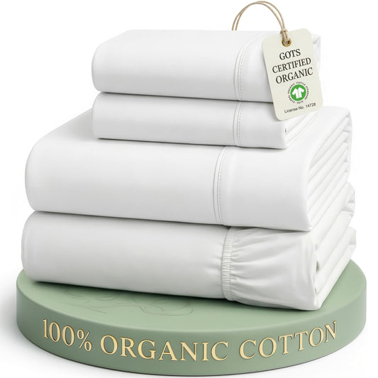 LANE LINEN Queen Sheets 100% Organic Cotton 4pc Percale Cooling - White
