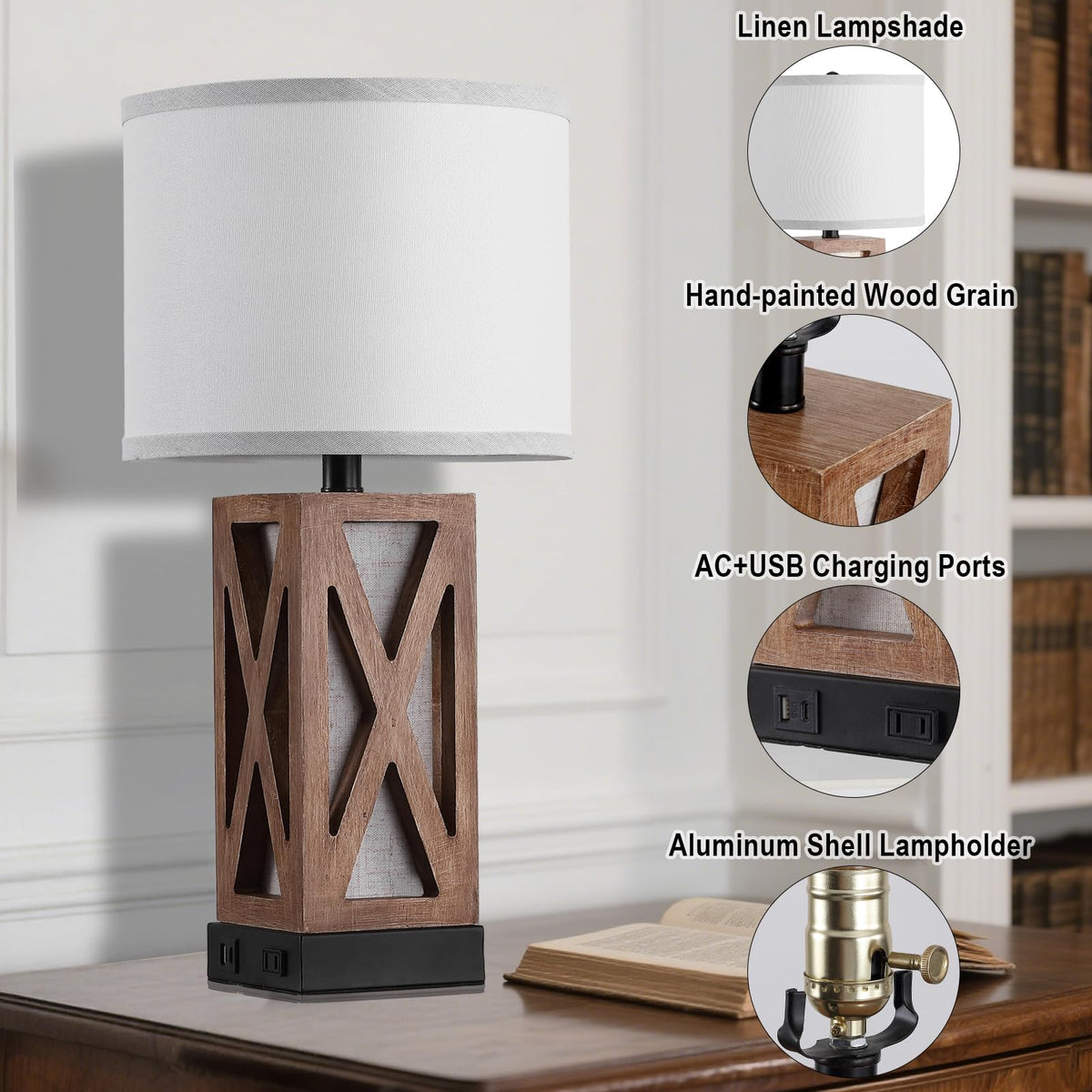 YJSQOEOE Wood Table Lamp with 3 Color Temperatures, Nightstand Table Lamp with AC Outlet, USB A & C Charging Port, Bedside Lamp for Living Room, Bedroom, Office Reading, Burlywood