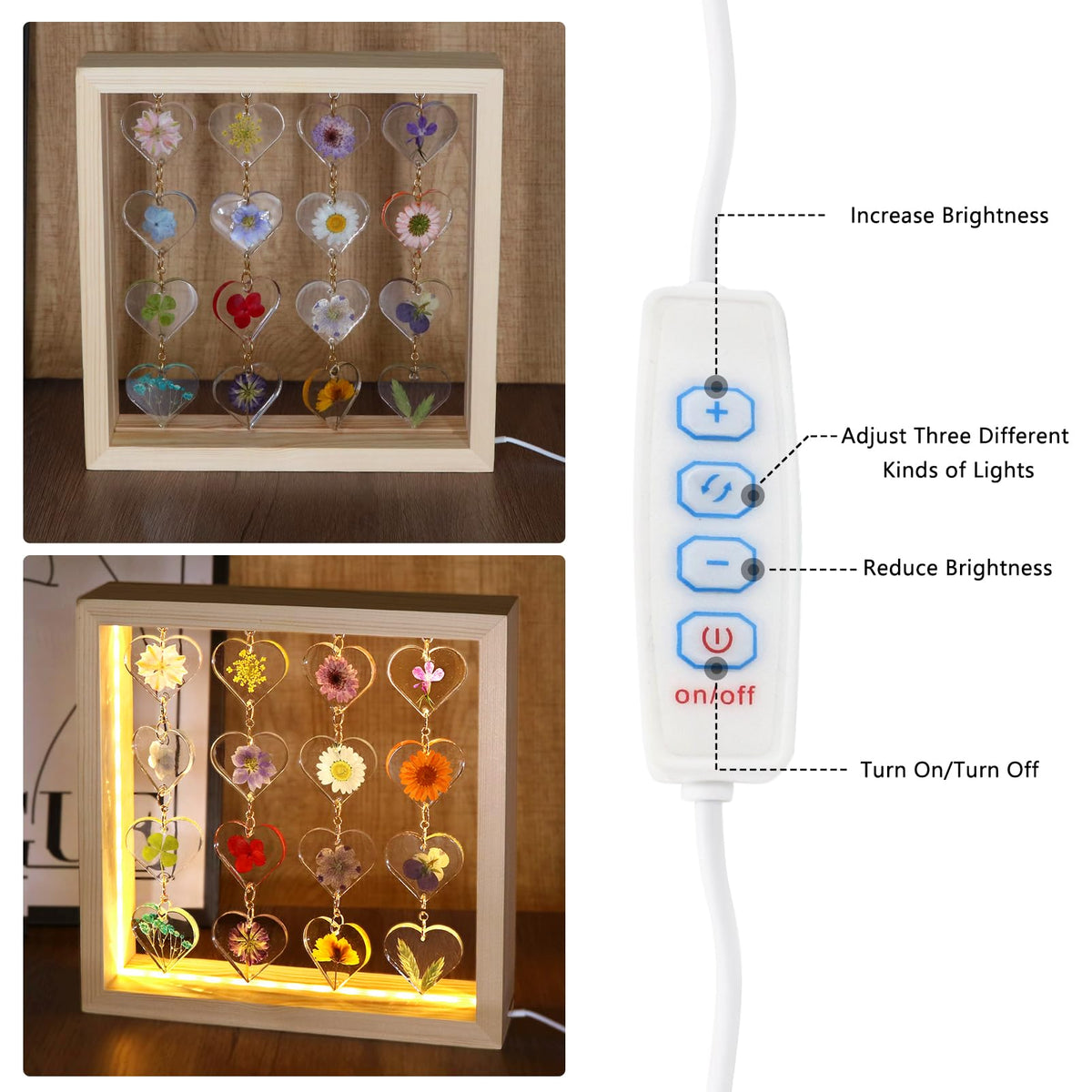 SMUK Resin Dried Flower LED Aesthetic Desk Lamp, Unique 3 Way Dimmable Natural Pressed Flower Table Lamp with Wooden Frame for Desk, Table, Nightstand, Bedroom, Living Room, Office