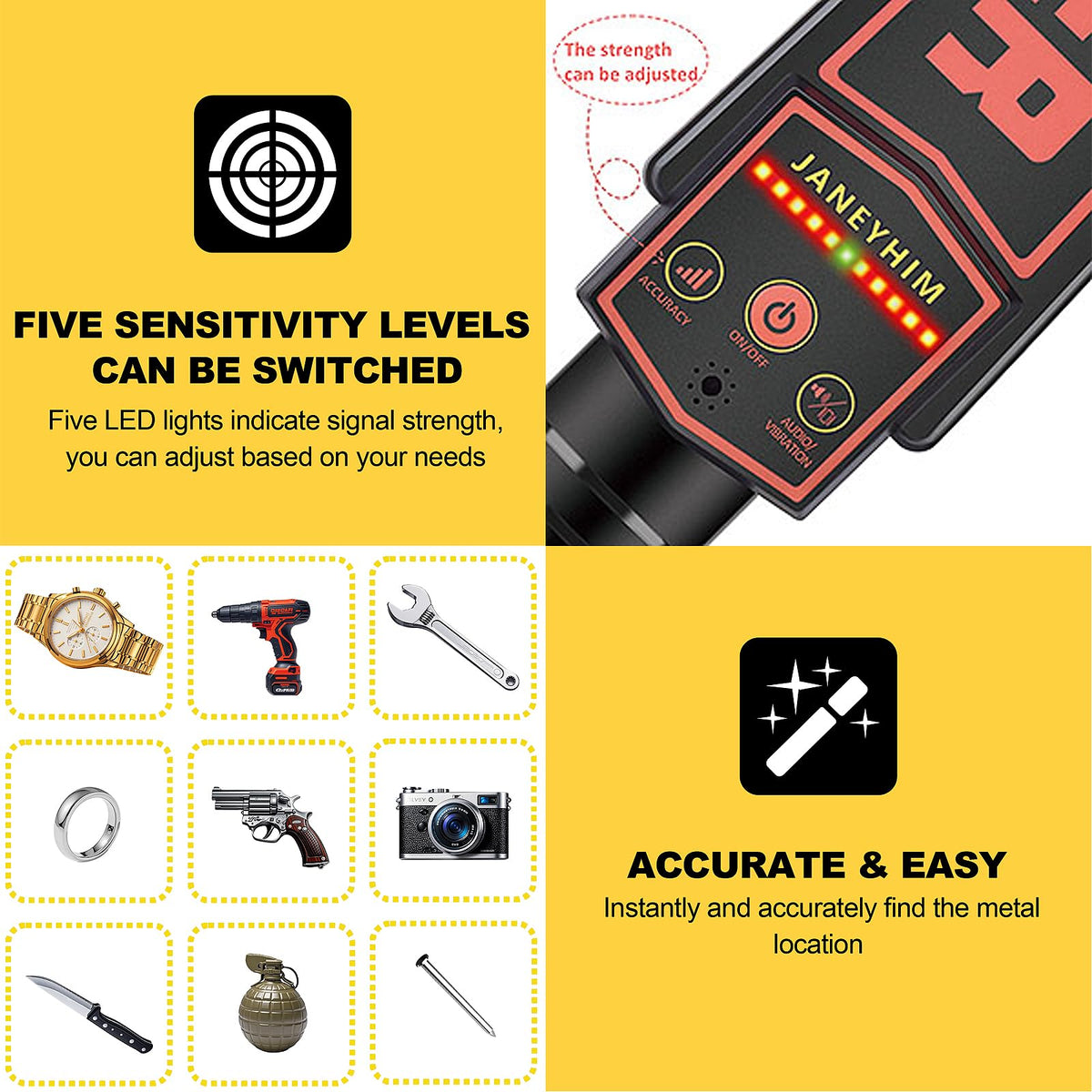 JANEYHIM Handheld Metal Detector Wand Security Scanner,High-Sensitivity Security Wand Metal Detector,Nail Finder,Metal Detector Wand for Woodworking (Built-in Battery, with Charging Line)