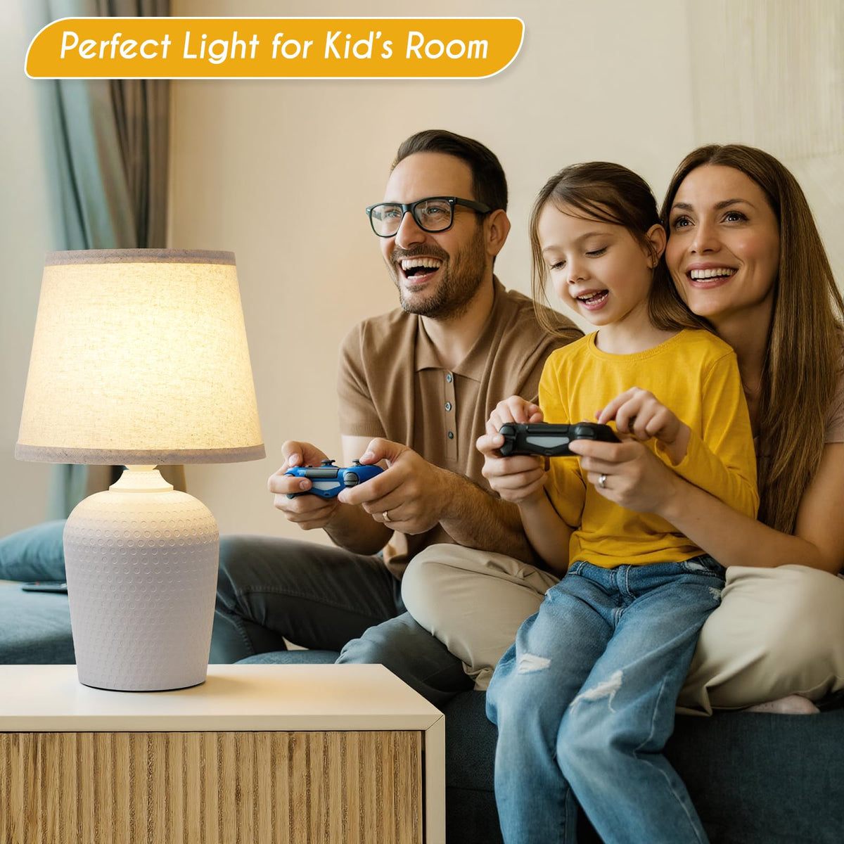16’’ Small Table Lamps Set of 2 for Bedroom, Nightstand Lamp Beige & White