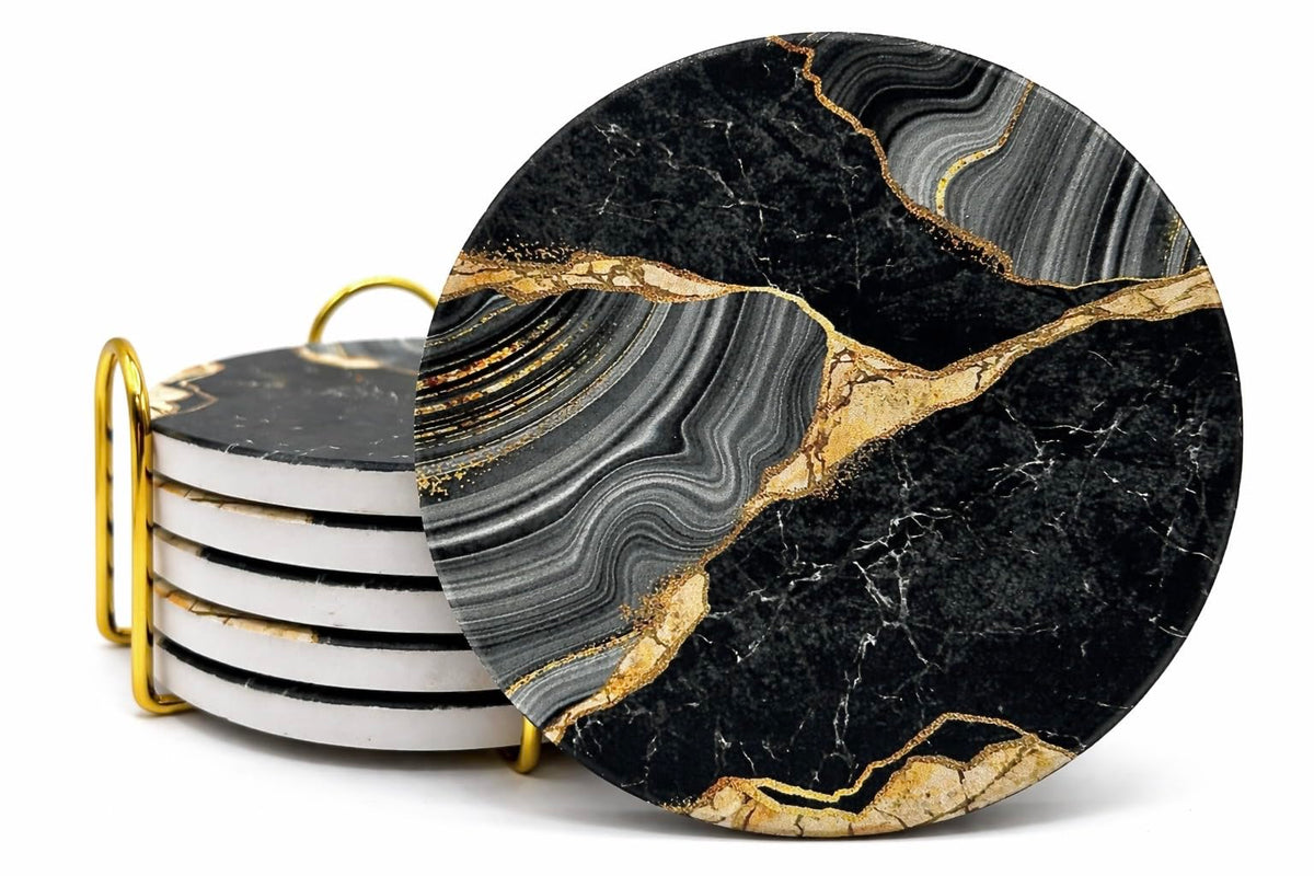 Elegant Black & Gold Marble Ceramic Coasters - Set of 6 with Gold Metal Holder - Round Drink Coasters for Coffee, Tea, Whiskey, Wine - Stylish Home & Kitchen Decor