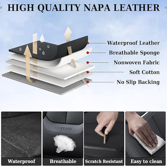 Coverado Seat Covers, Car Seat Covers Front Seats, Car Seat Cover, Car Seat Protector Waterproof, Car Seat Cushion Nappa Leather, Seat Covers Carseat Cover Universal Fit for Most Cars