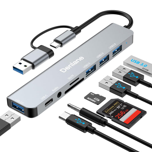 Denlane USB C Hub USB Hub 3.0 for Laptop, Upgrade 8 in 2 USB Splitter with USB-C/4 USB A Port Extender, TF/SD Card Slot, 3.5mm Audio Adapter, USBC USB Dongle for PC/Mac/MacBook/Laptop/iPad/Tablet
