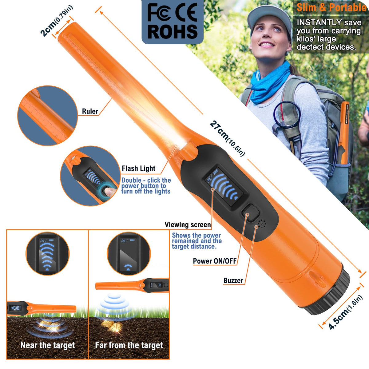 Fully Waterproof Pinpointing LCD Gold Metal Detector with LED Flashlight, Portable 360° Scan Searching Pinpointer, IP68 Underwater to 12m/40feet High Sensitive Treasure Hunter for Adults and Kids