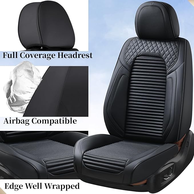 Coverado Front Seat Covers, Leather Car Seat Covers, Black Seat Covers for Cars, Car Seat Protector Cushions Universal Fit for Most Cars & SUV Trucks(Black)