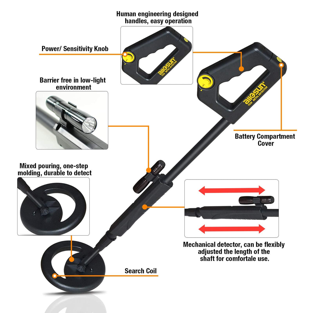 ALLOSUN Metal Detector Handheld Waterproof 6" Search Coil, Adjustable 31.1"-40.2" Metal Detectors with Flashlight for Night Exploration TS20A (Black)