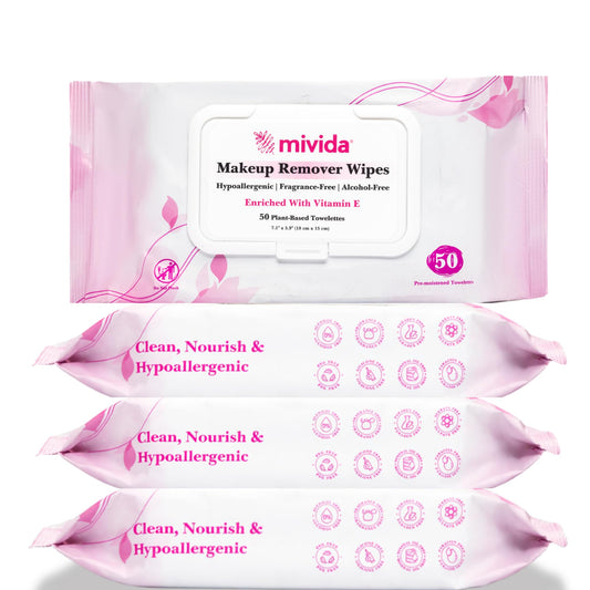 mivida Hypoallergenic Makeup Remover Wipes Bulk With Vitamin E, 200 count (4×50) Value Pack, Dermatologist Tested Fragrance Free Makeup Wipes For Sensitive Skin, Alcohol Free Facial Make up Remover